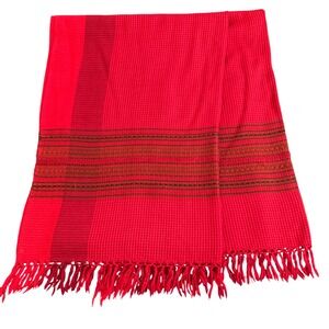 Vibrant Red Striped Woven Scarf Fringe Accent